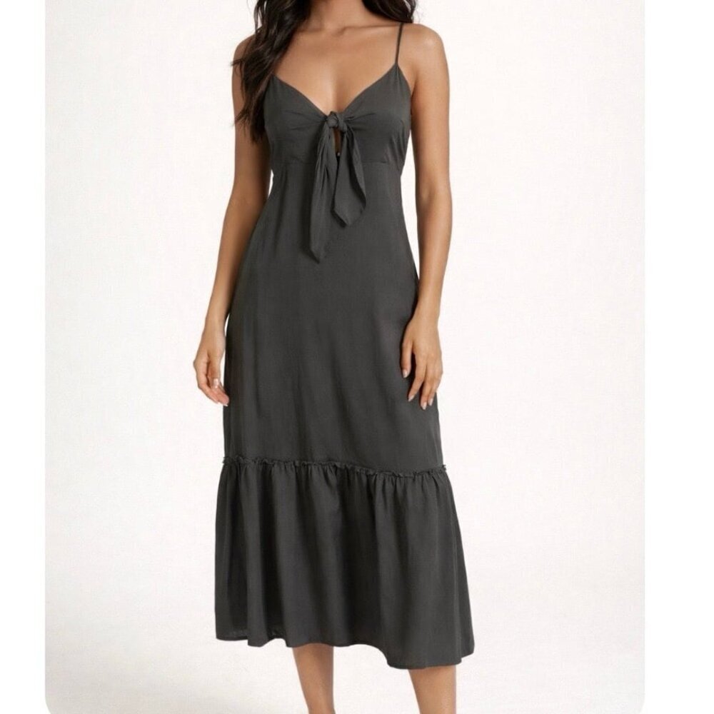 Jolie maxi dress olive green tiered botton tie knot front V-neck NEW Sz S